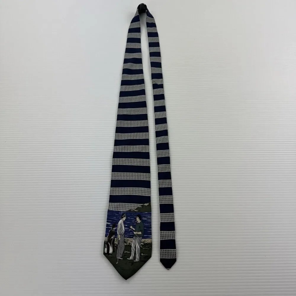 Pebble Beach Golf Tie Silk USA Blue Striped Scenic Golfer Novelty Necktie